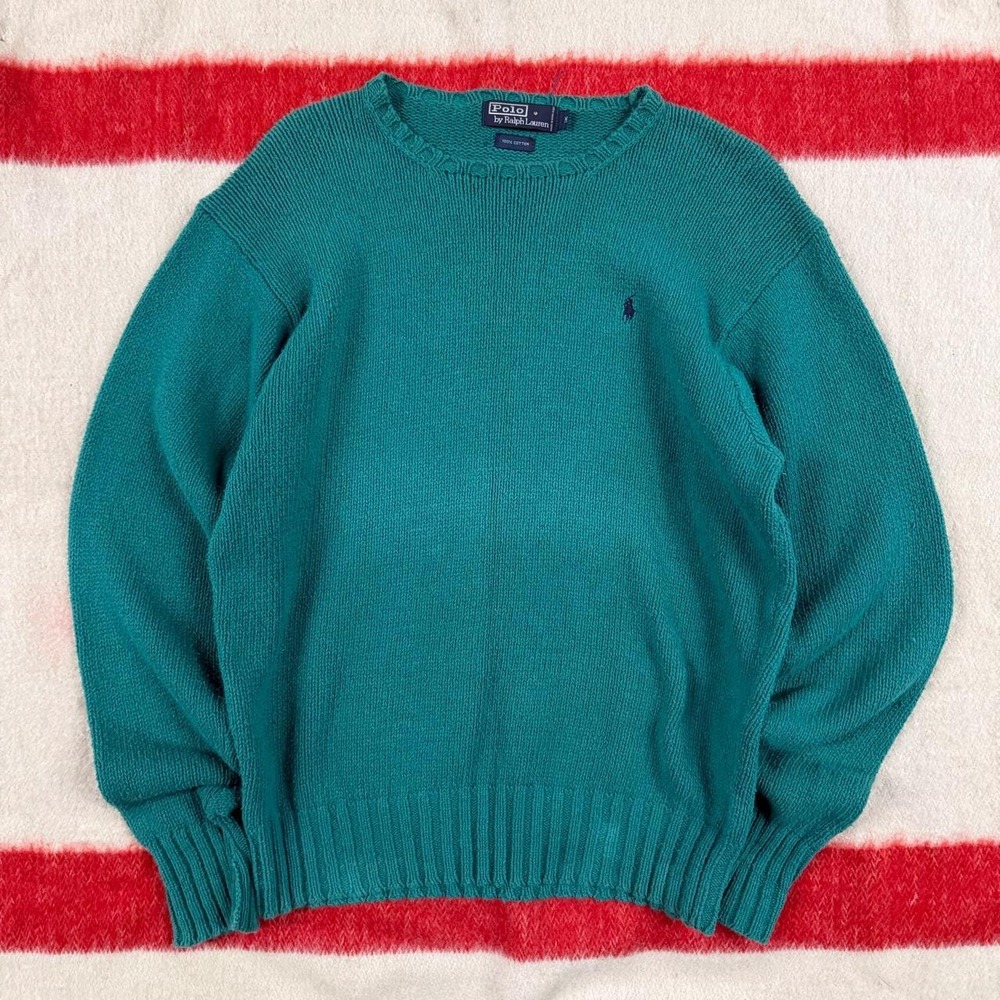 Vintage 90s Polo Ralph Lauren Knit Cotton Sweater Mens Medium Teal Green Blue